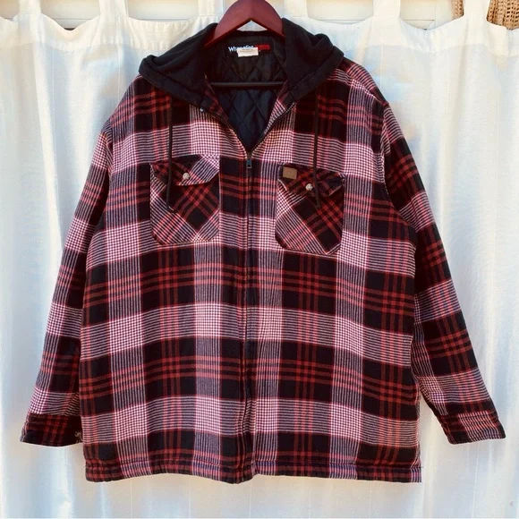 Wrangler Riggs Workwear Full Zip Red Pink Black Plaid Hooded Jacket XXL 27x31 - Picture 1 of 7